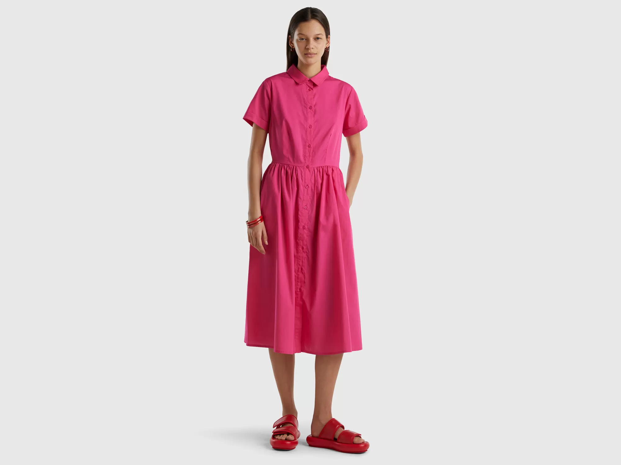 Benetton Vestido Camisero Midi De 100 % Algodón-Mujer Vestidos Y Monos