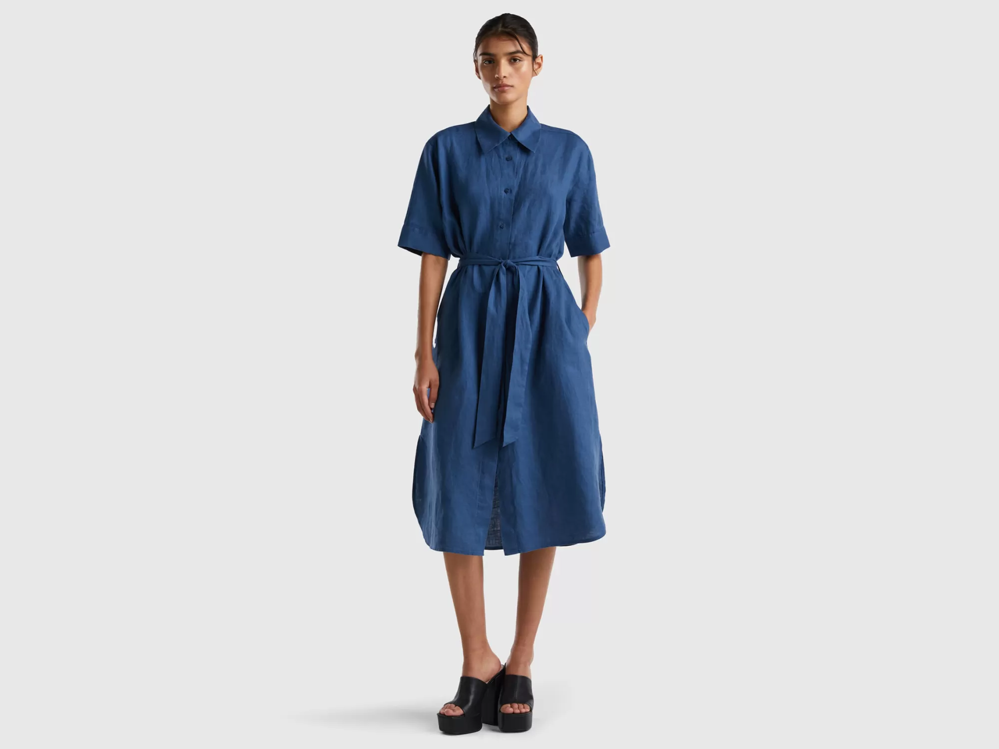 Benetton Vestido Camisero Midi De 100 % Lino-Mujer Vestidos Y Monos