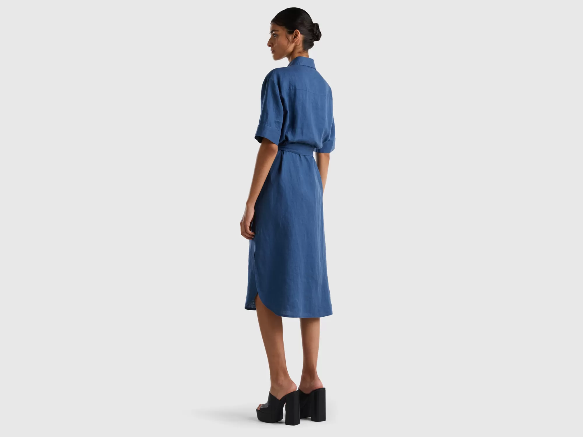 Benetton Vestido Camisero Midi De 100 % Lino-Mujer Vestidos Y Monos