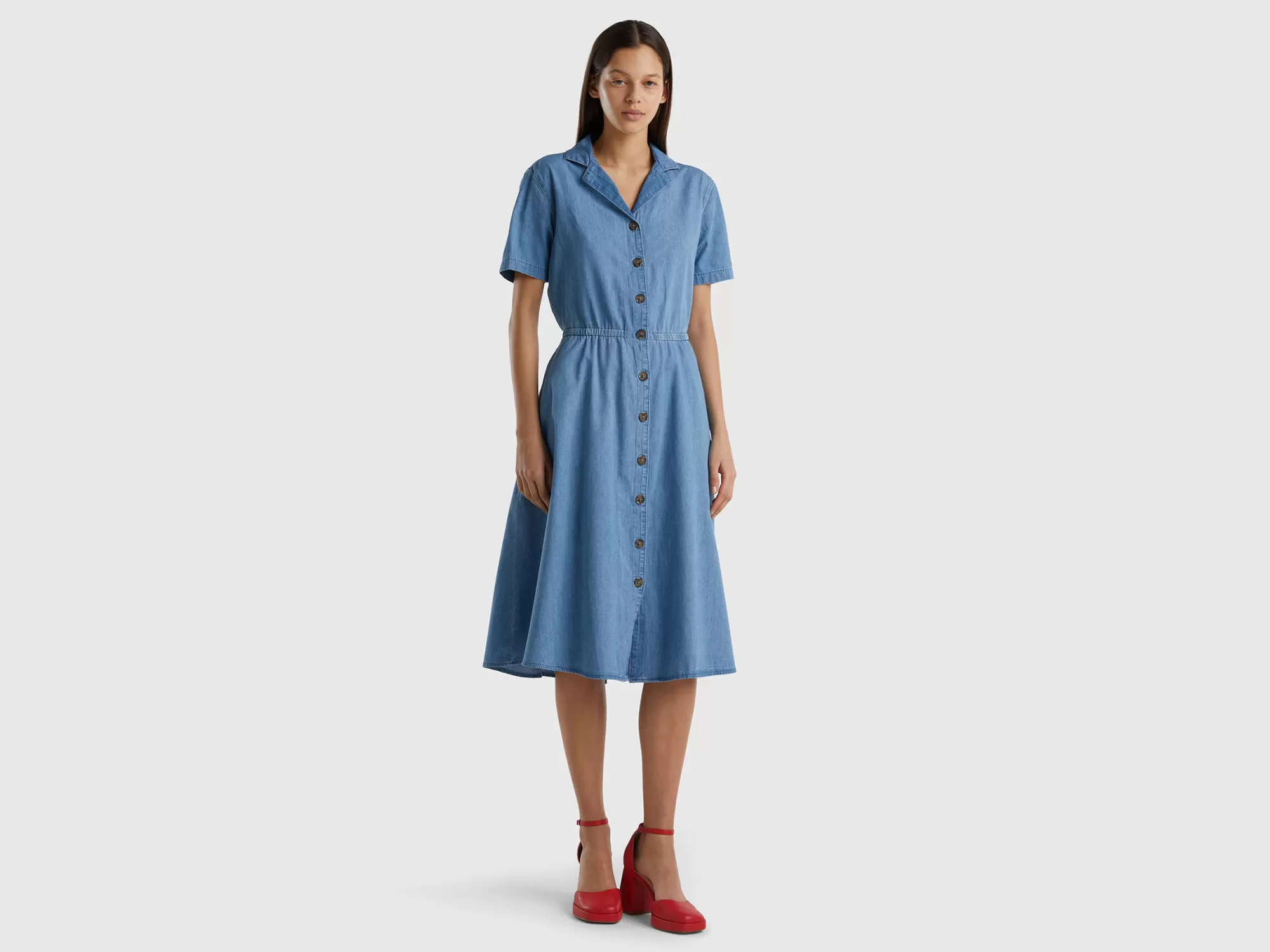 Benetton Vestido Camisero Midi De Cambray-Mujer Vestidos Y Monos