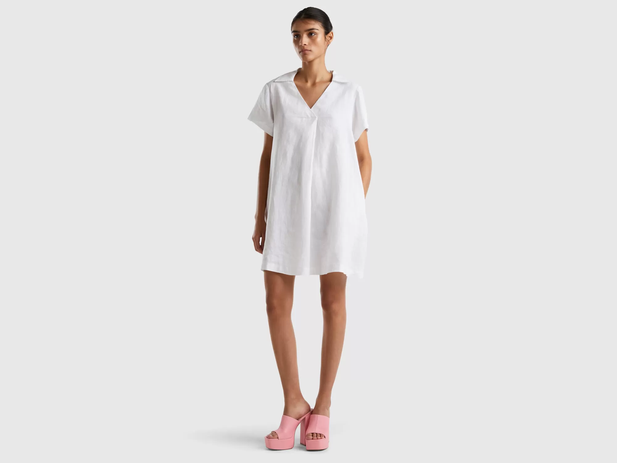 Benetton Vestido Corto De 100 % Lino-Mujer Vestidos Y Monos