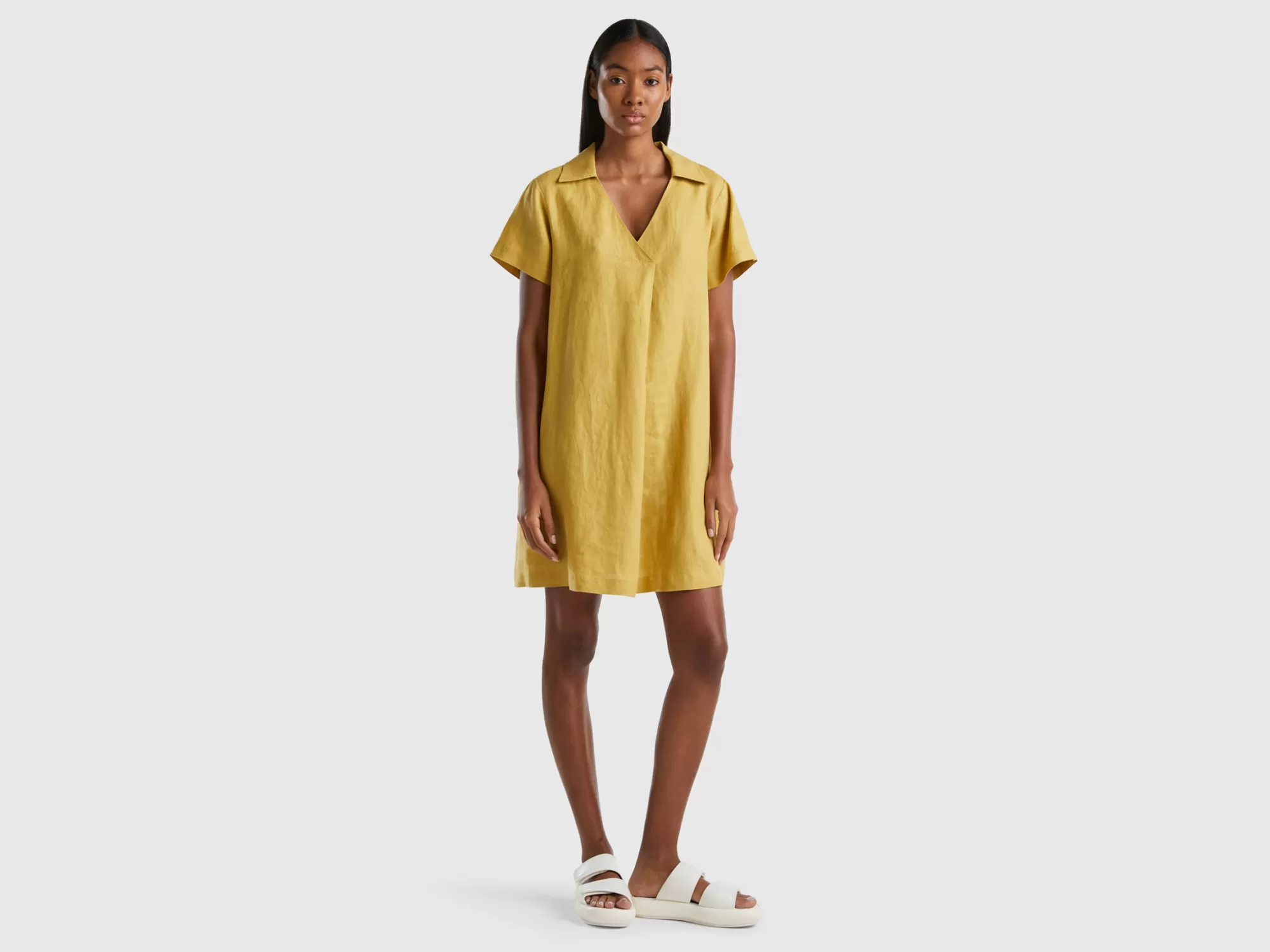 Benetton Vestido Corto De 100 % Lino-Mujer Vestidos Y Monos