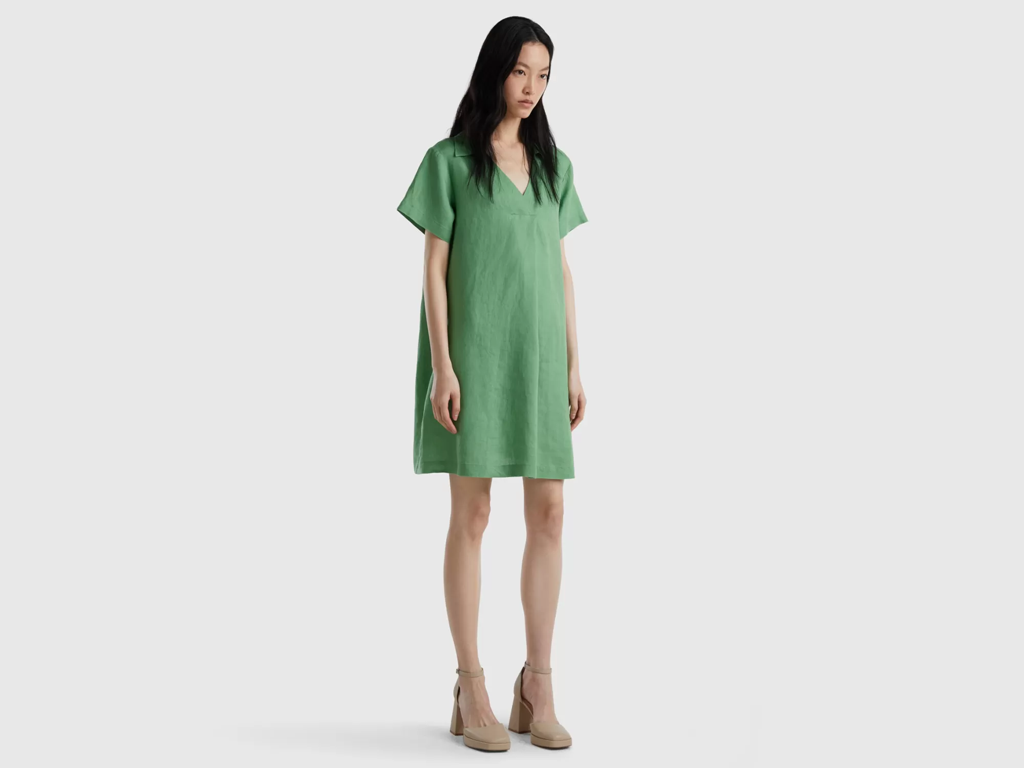 Benetton Vestido Corto De 100 % Lino-Mujer Vestidos Y Monos