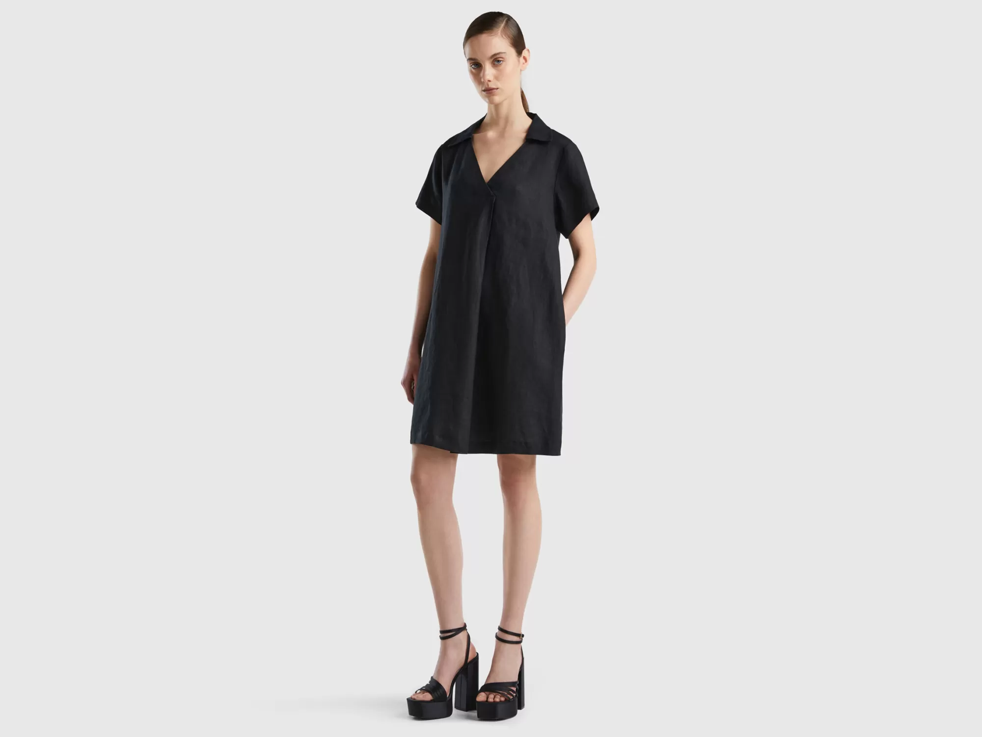 Benetton Vestido Corto De 100 % Lino-Mujer Vestidos Y Monos