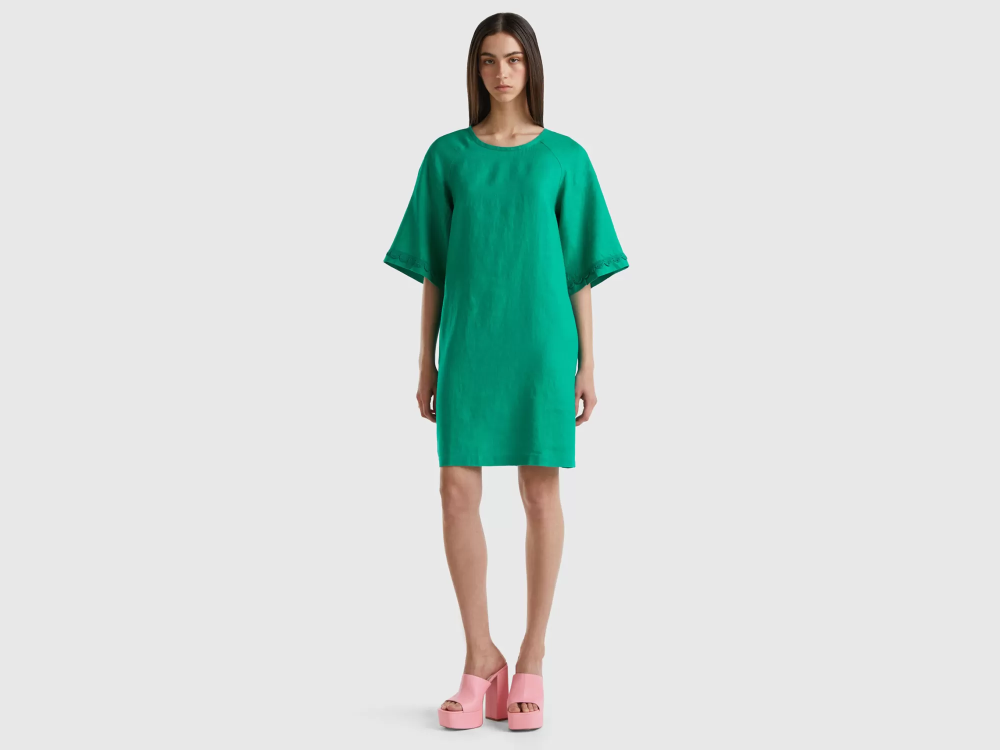 Benetton Vestido De 100 % Lino Con Detalles De Ganchillo-Mujer Vestidos Y Monos