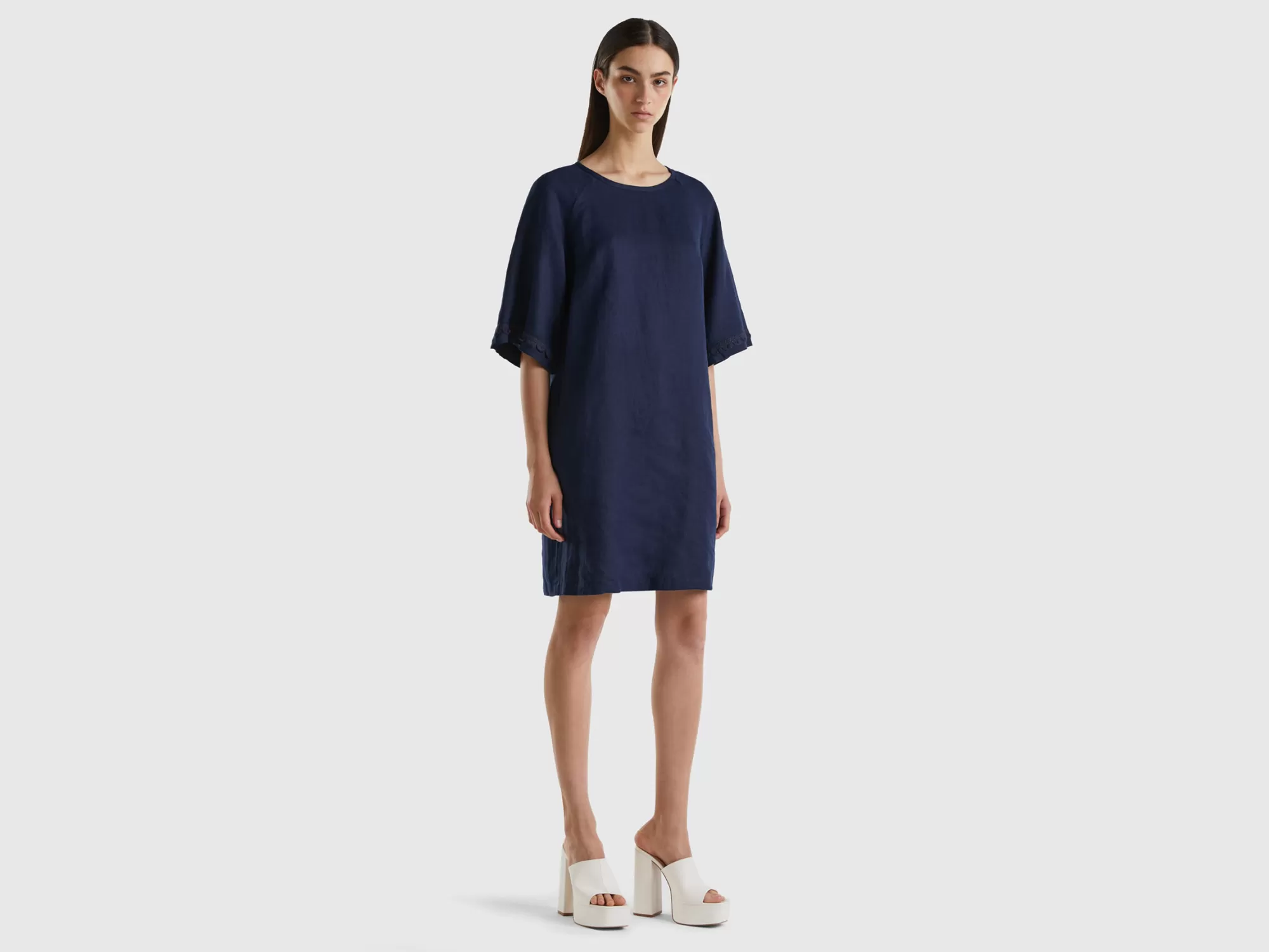 Benetton Vestido De 100 % Lino Con Detalles De Ganchillo-Mujer Vestidos Y Monos