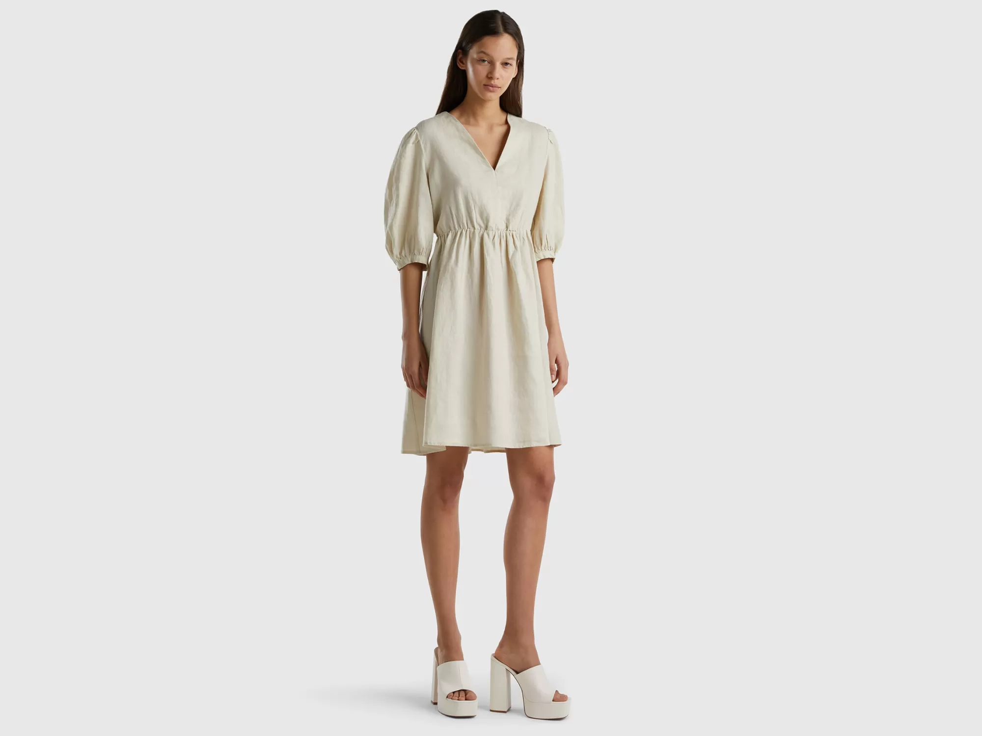 Benetton Vestido De 100 % Lino Con Escote De Pico-Mujer Vestidos Y Monos