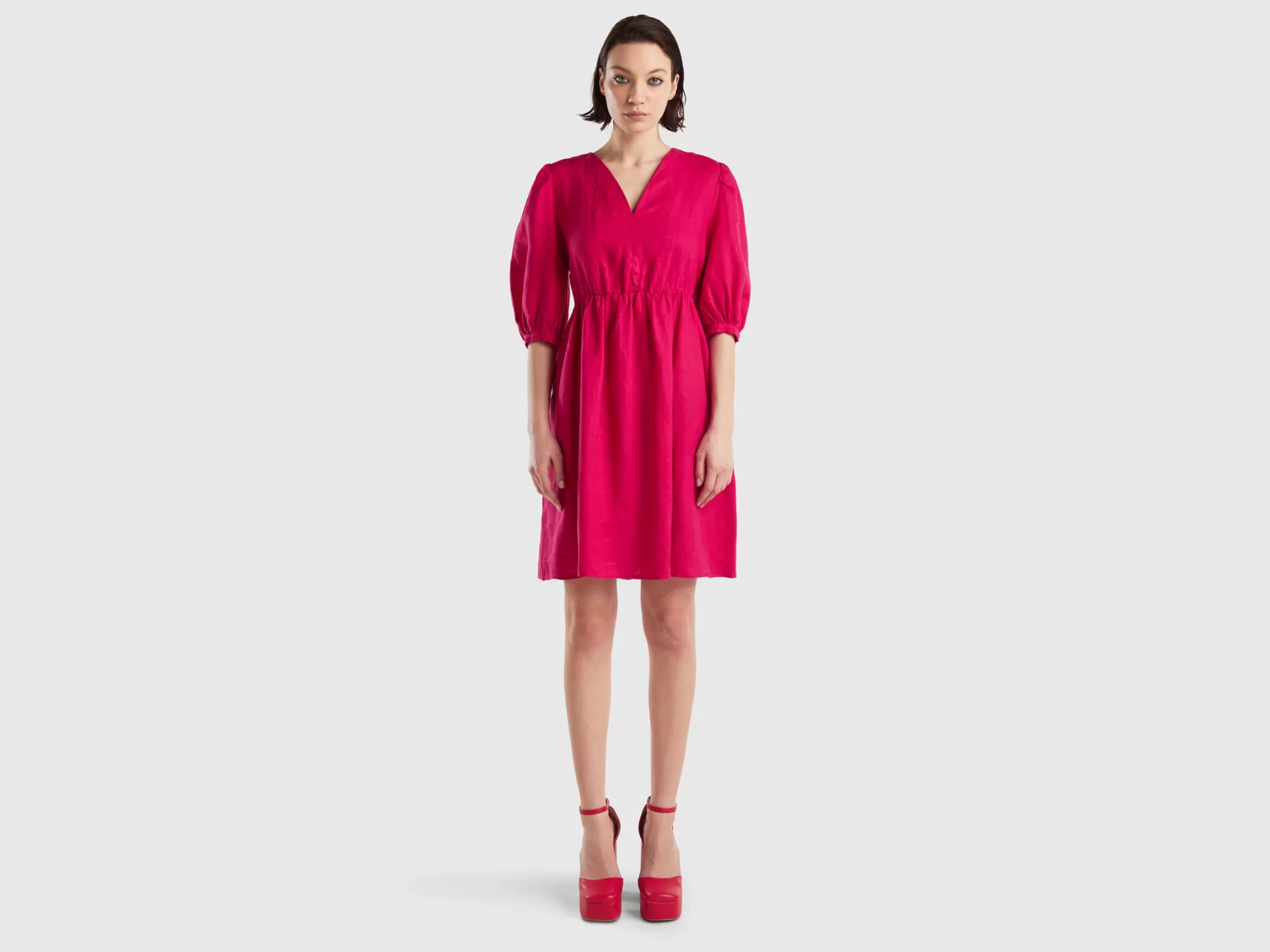 Benetton Vestido De 100 % Lino Con Escote De Pico-Mujer Vestidos Y Monos