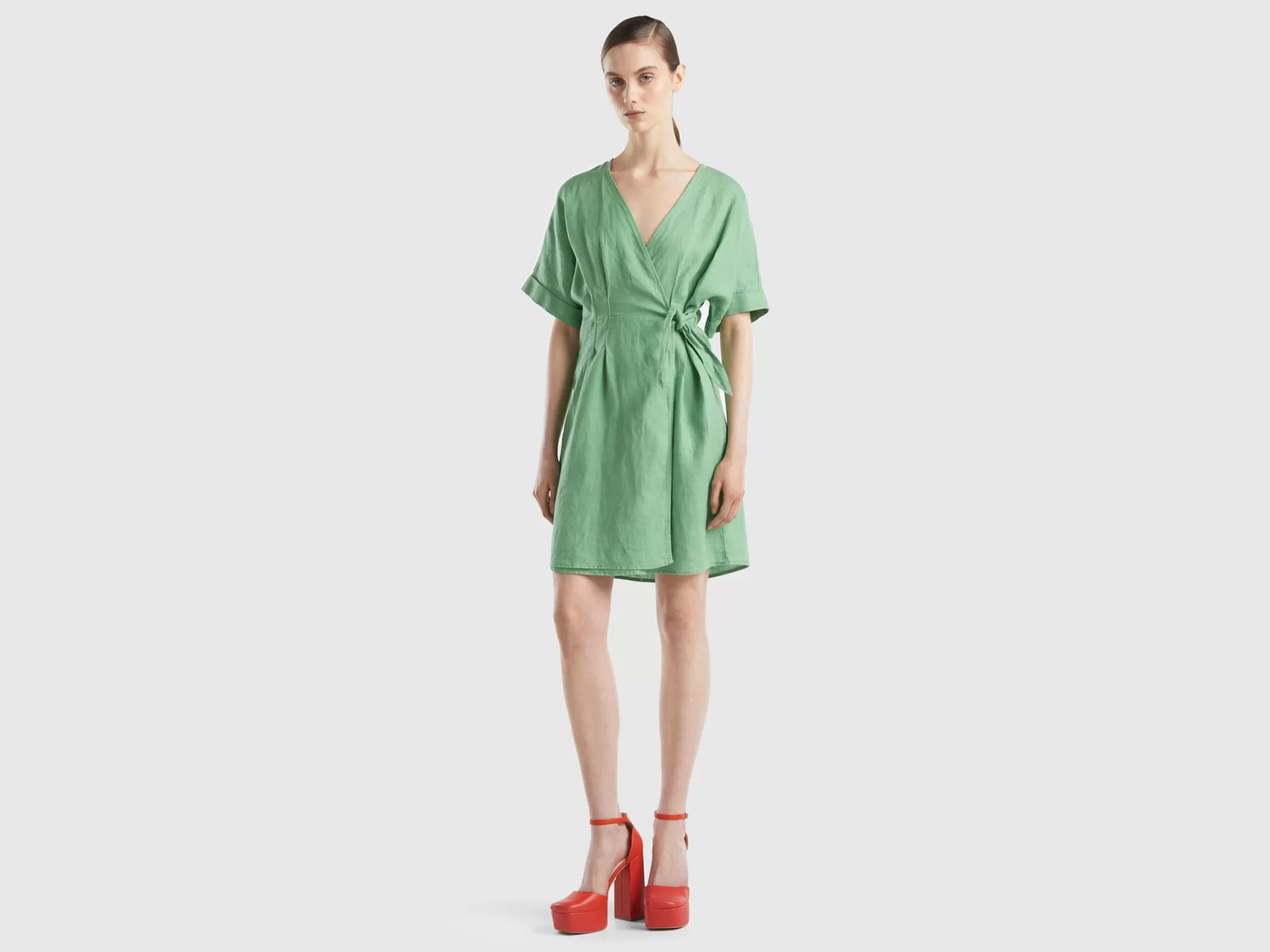 Benetton Vestido De 100 % Lino Con Nudo-Mujer Vestidos Y Monos