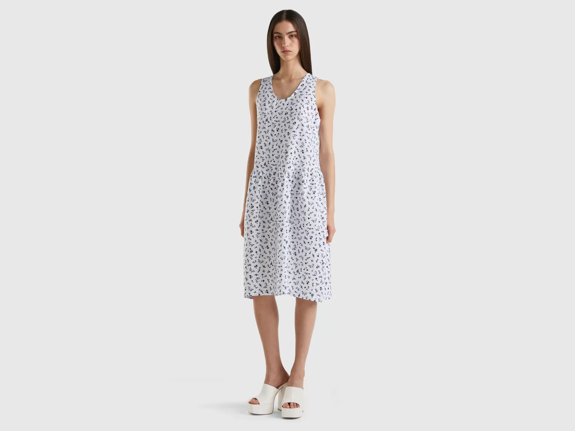 Benetton Vestido De 100 % Lino Estampado-Mujer Vestidos Y Monos