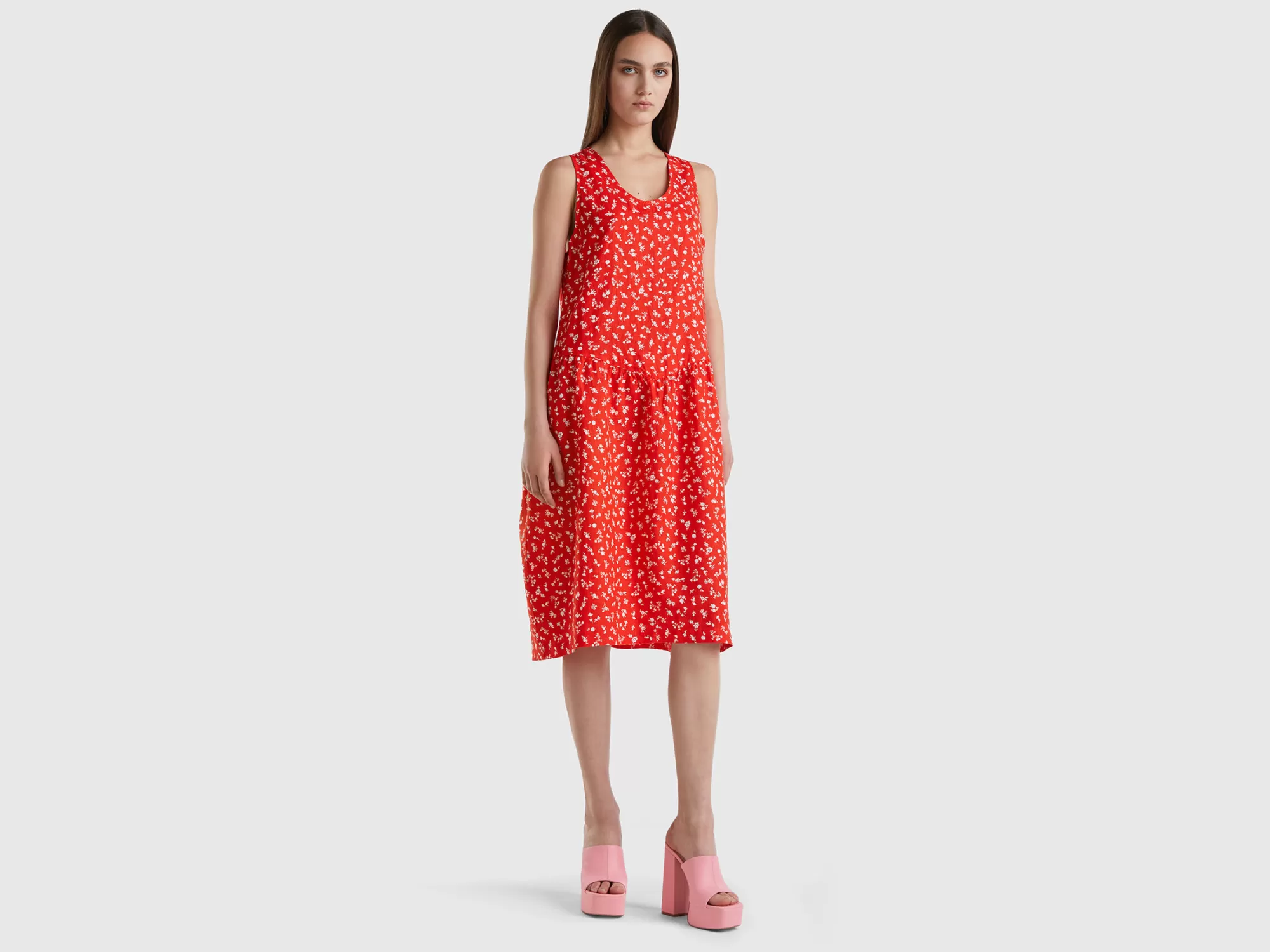 Benetton Vestido De 100 % Lino Estampado-Mujer Vestidos Y Monos