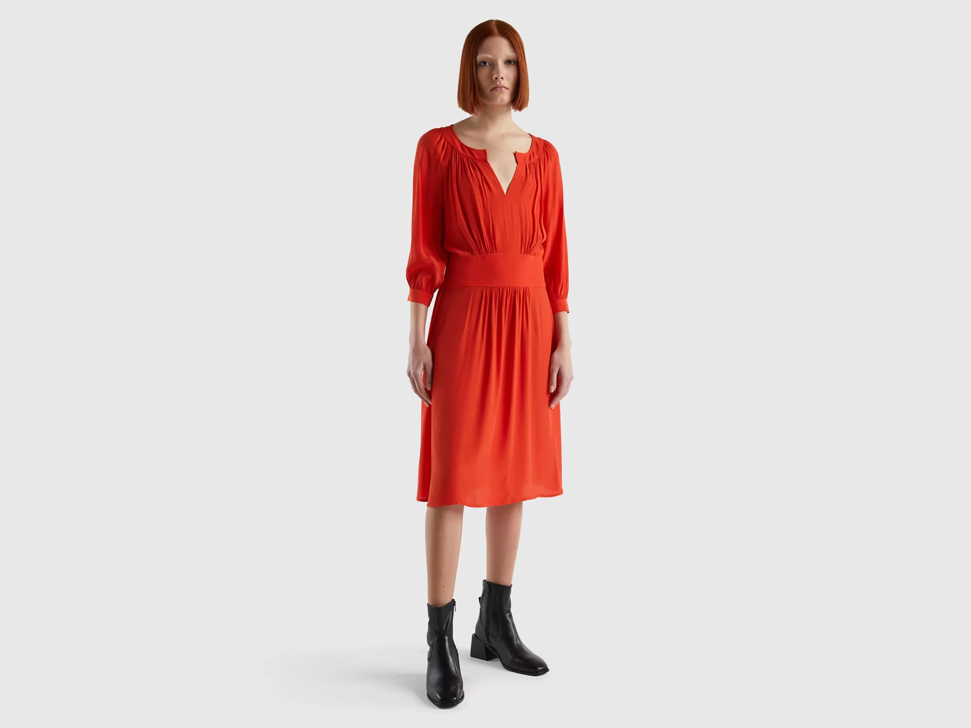 Benetton Vestido De 100 % Viscosa Con Escote De Pico-Mujer Vestidos Y Monos