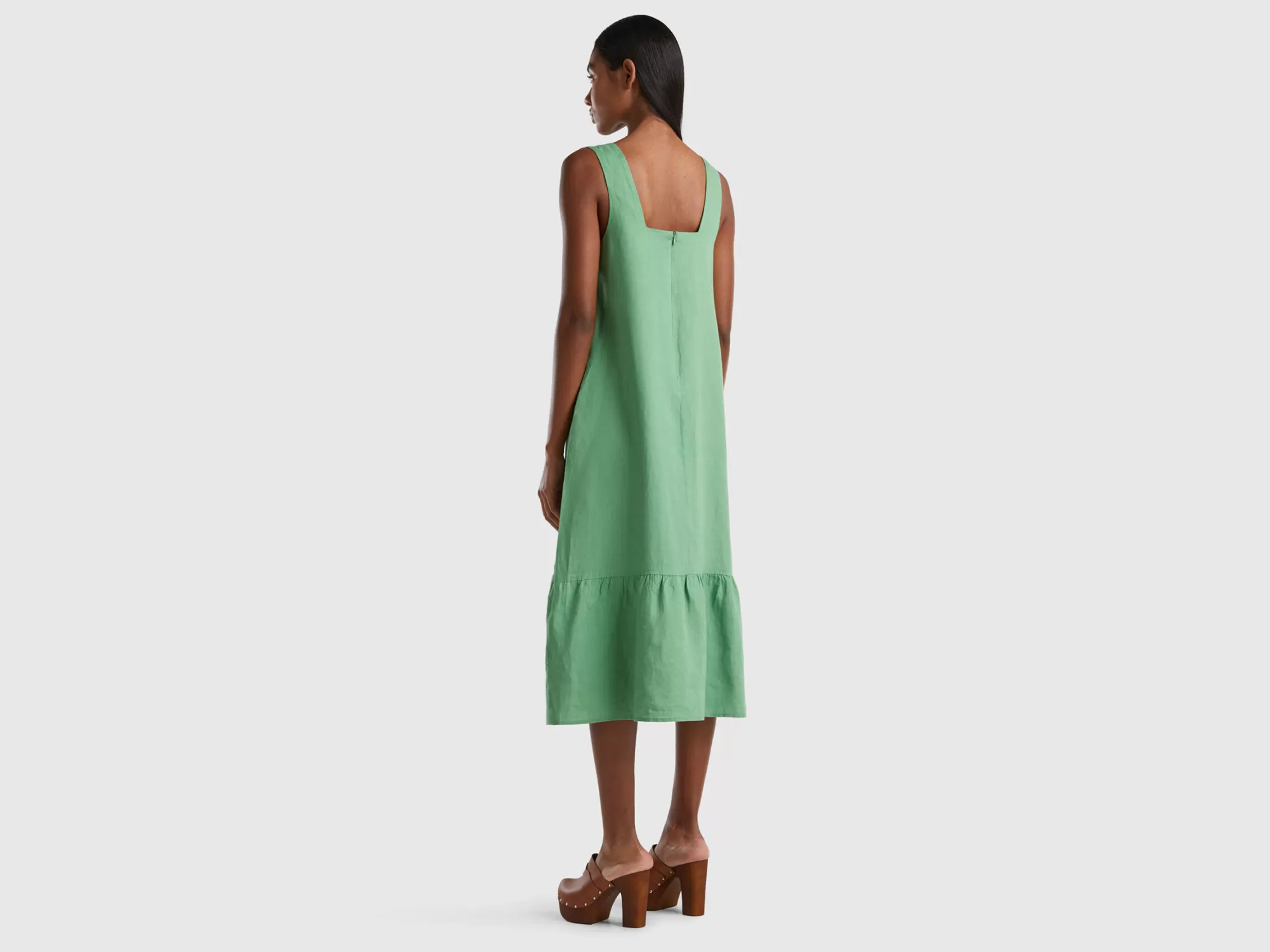 Benetton Vestido Largo Con Volante De 100 % Lino-Mujer Vestidos Y Monos